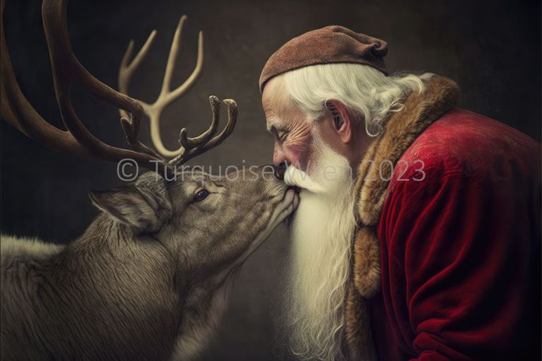 Turquoise Wren Santa kissing Rudolph Christmas card