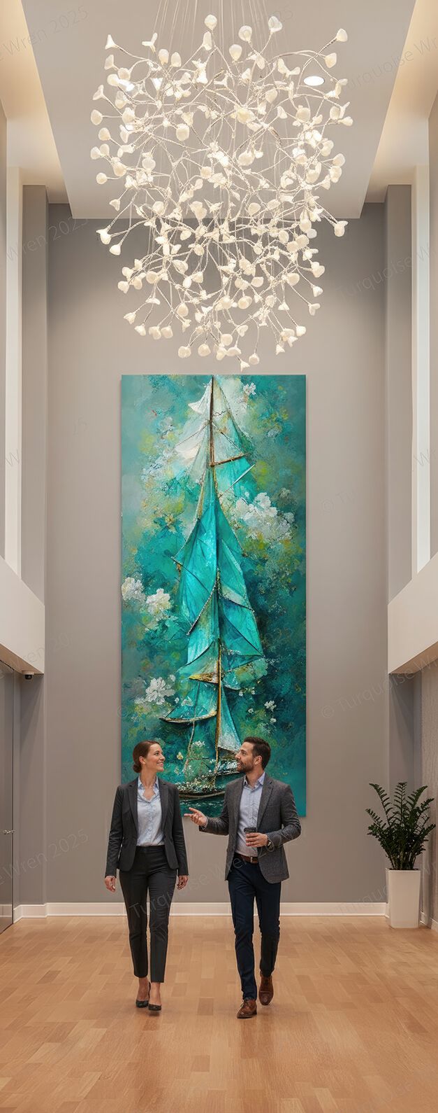 Turquoise Wren extra large wall art and panoramic wall art specialists. Corporate Turquoise sailing vertical panoramic 3m wall art x 1.4m